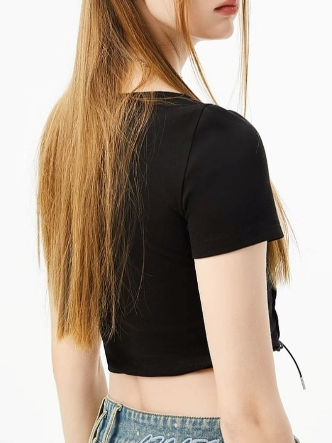 レースアップワイドラウンドネックTシャツ X2400