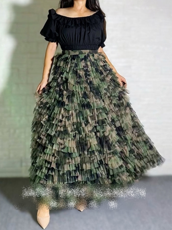 Camouflage Mesh Flared Long Skirt X2394