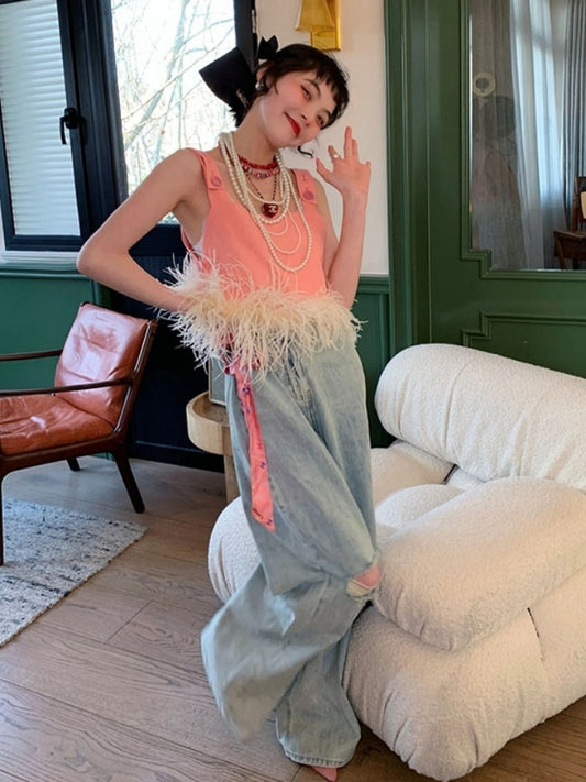 Feather Decoration Camisole Top X2300