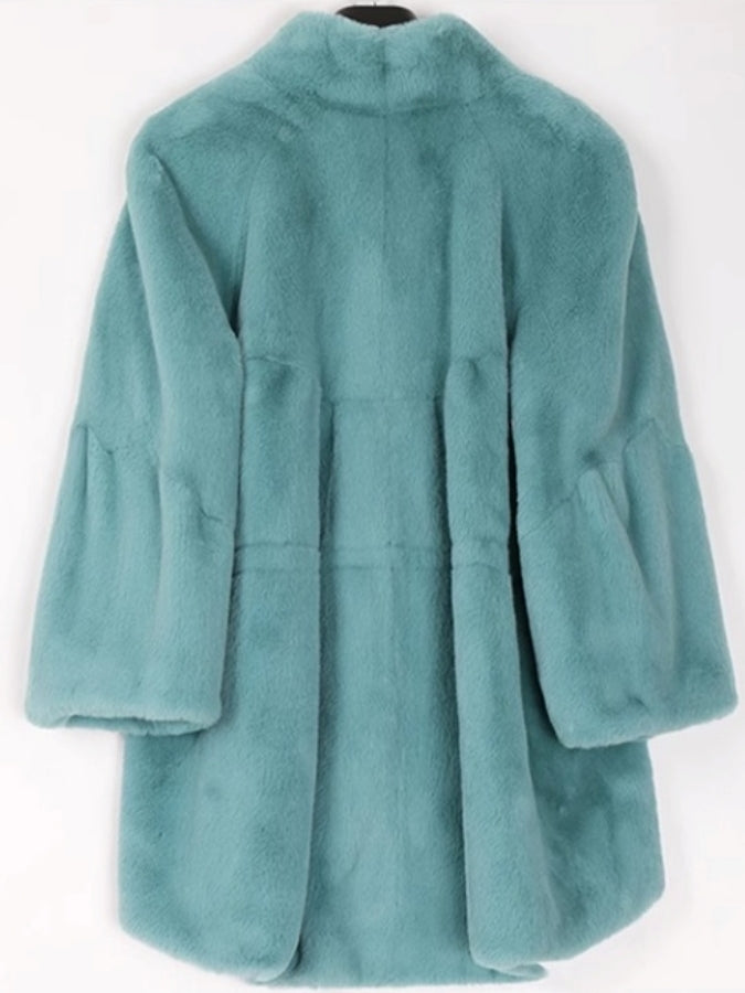 Faux Fur Stand Collar Bell Sleeve Medium Coat X2525