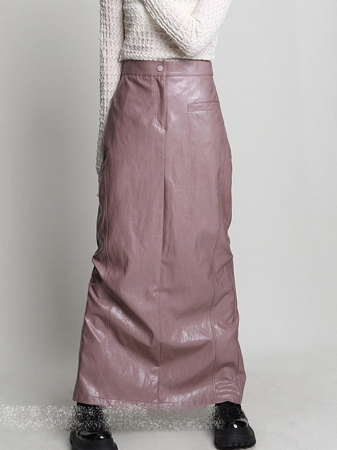 Faux Leather Slit Pencil Long Skirt X2421