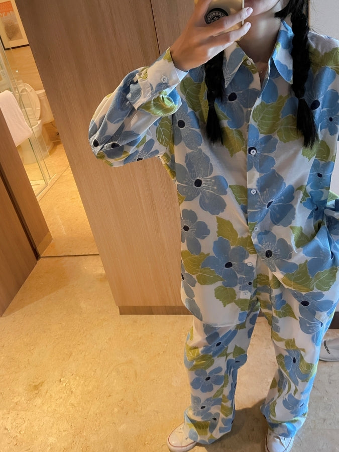 フラワーパターンシャツ&ストレートパンツ X2366