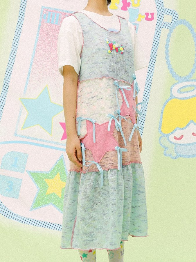 Pastel-colored Patchwork Medium Dress X2189