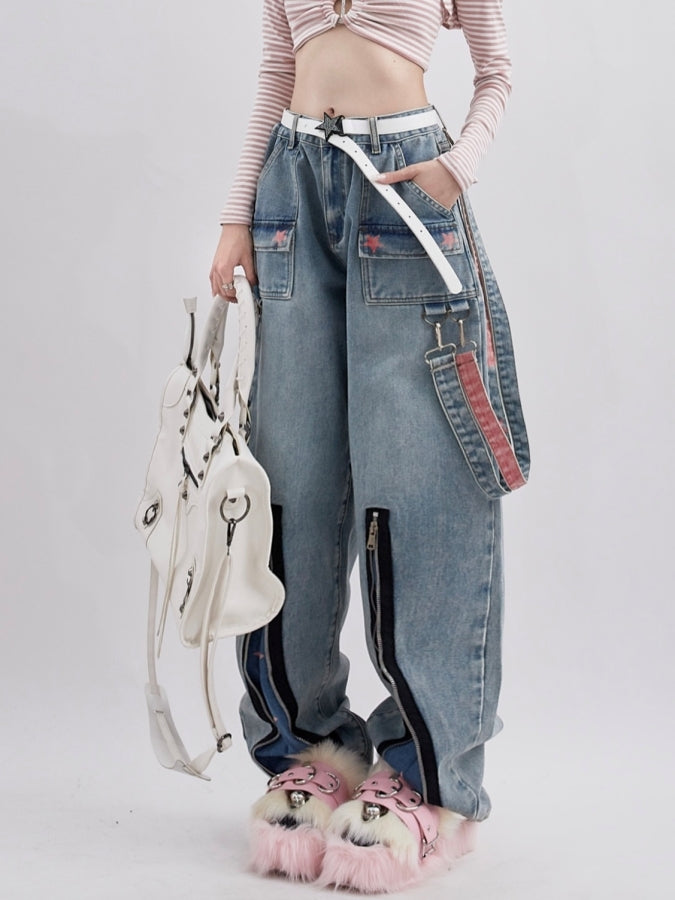 ジッパースターデザインワイドレッグデニム X2381