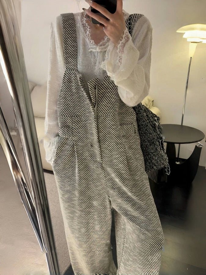 Monotone Stripe Pattern Overalls X3024