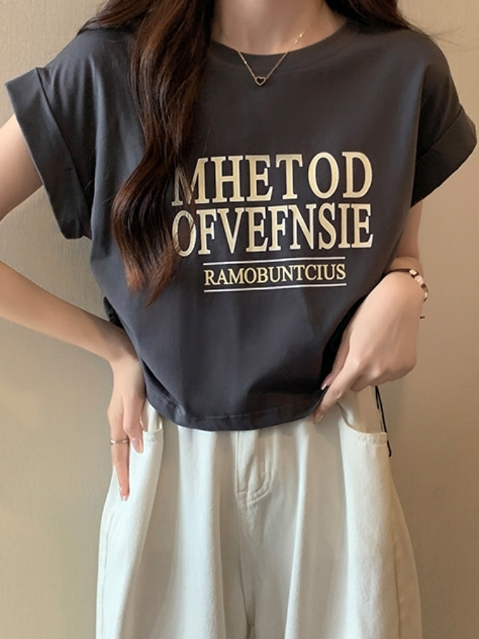 ロゴプリントロールアップスリーブTシャツ X2361