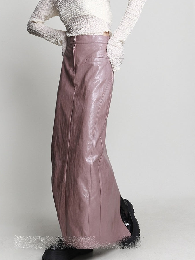 Faux Leather Slit Pencil Long Skirt X2421