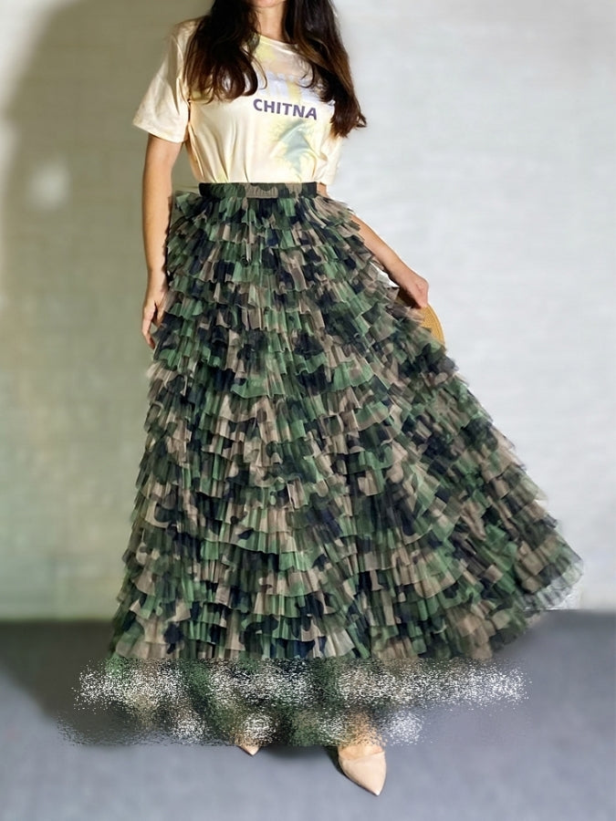 Camouflage Mesh Flared Long Skirt X2394