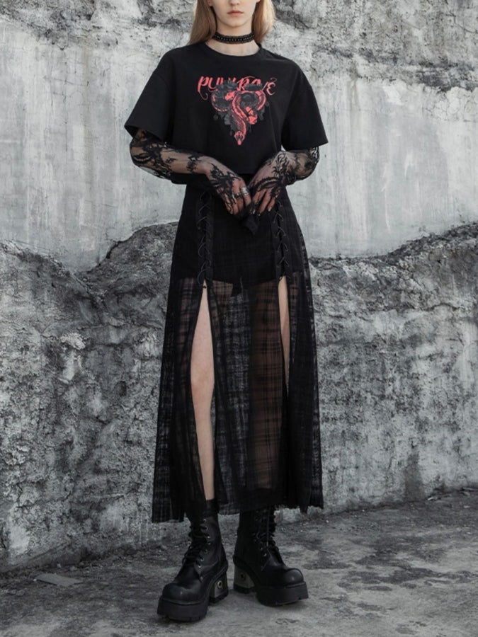 Deep Slit Lace-Up Mesh Skirt X2376