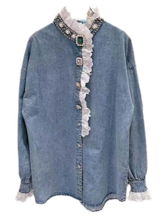 【Limited Stock】Stand Collar Frill Denim Shirt X2501