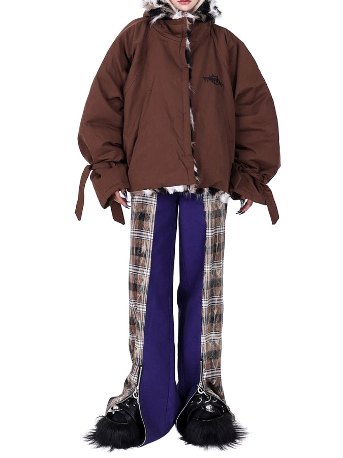 レトロチェックカラーブロックジップアップパンツ X2441