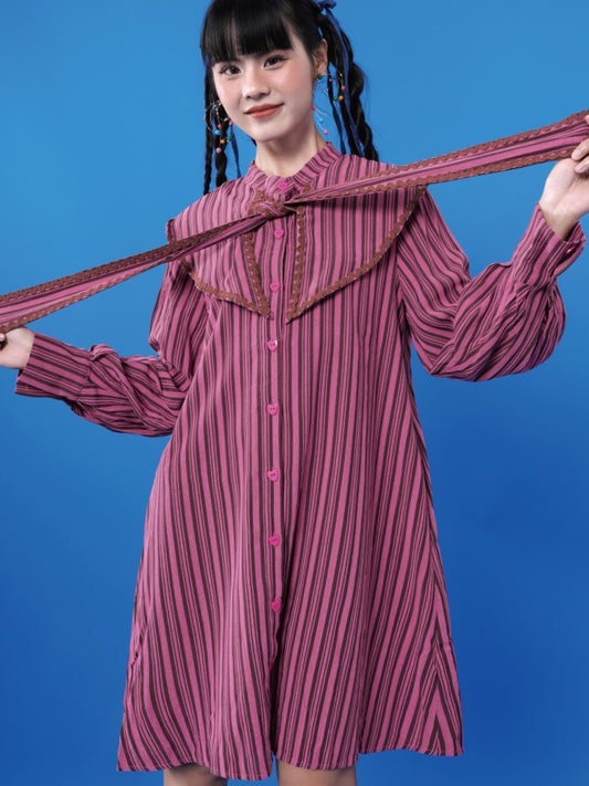 Doll collar striped shirt dress X2848