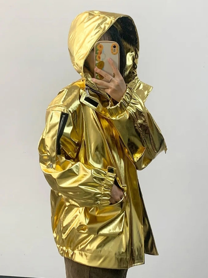 Metallic color hooded jacket X2526