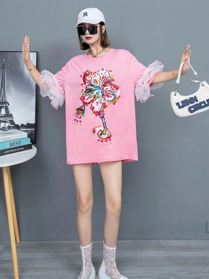 フラワーオーバーサイズメッシュスリーブTシャツワンピース X2336