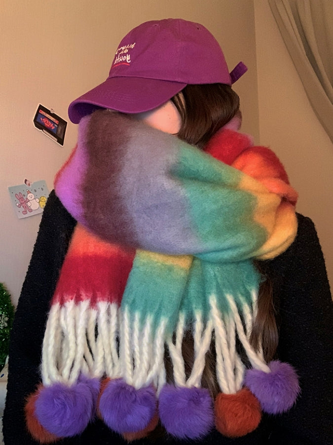 Rainbow colorful pompon scarf X2536