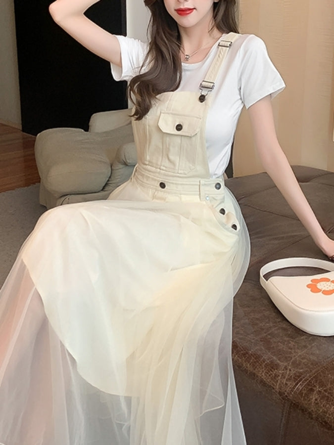 牛仔網紗吊帶洋裝 X2412