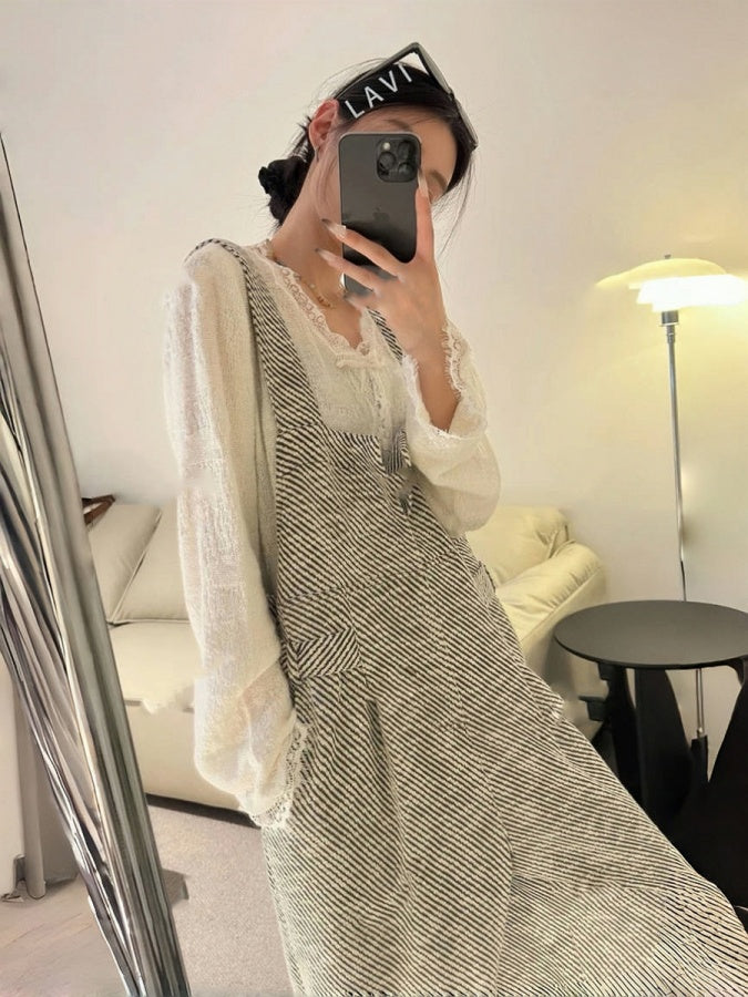 Monotone Stripe Pattern Overalls X3024