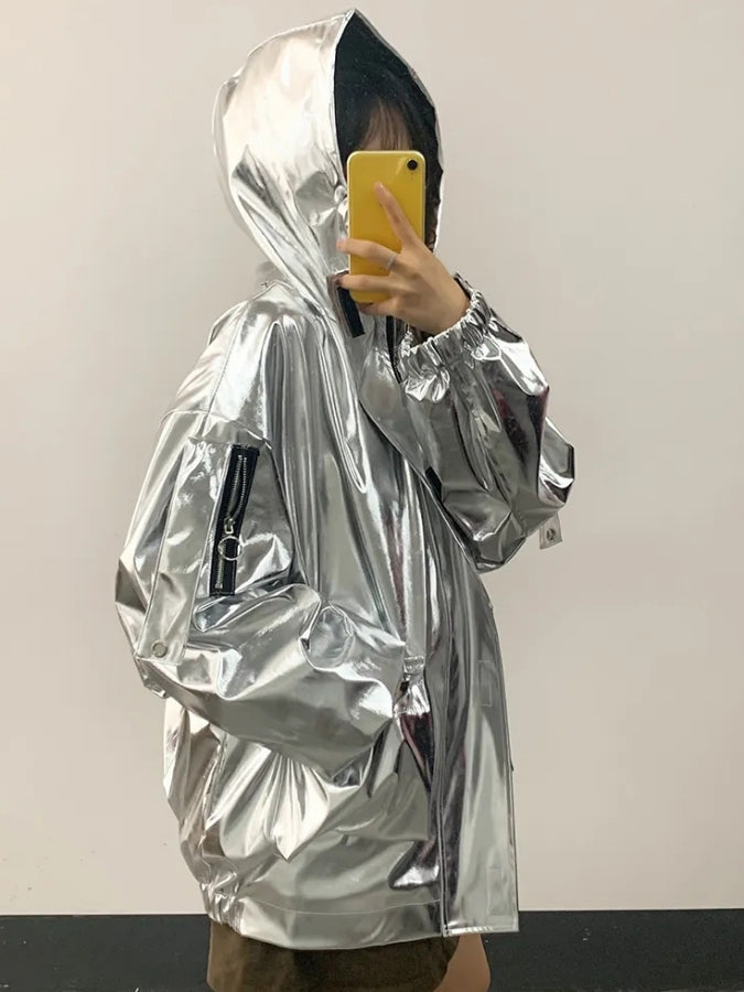 Metallic color hooded jacket X2526