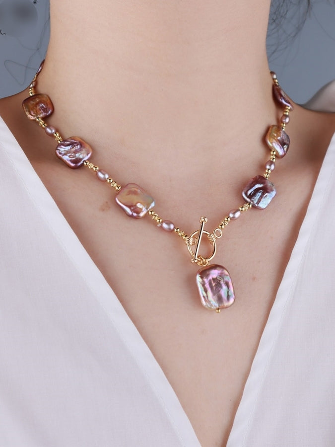 Pastel-colored square baroque pearl necklace X2357