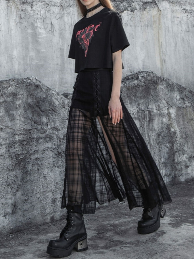 Deep Slit Lace-Up Mesh Skirt X2376