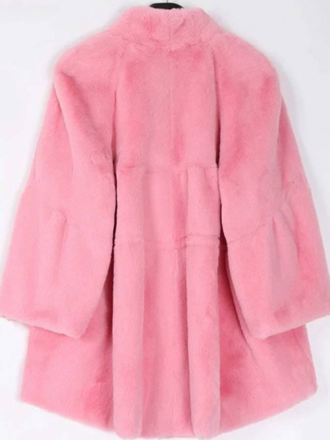 Faux Fur Stand Collar Bell Sleeve Medium Coat X2525