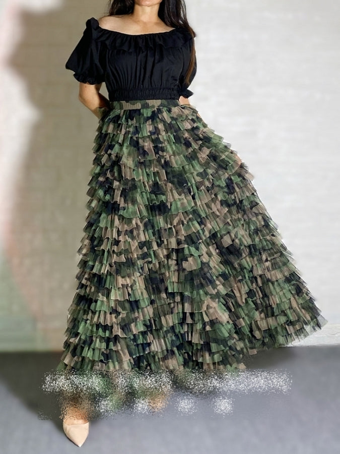 Camouflage Mesh Flared Long Skirt X2394