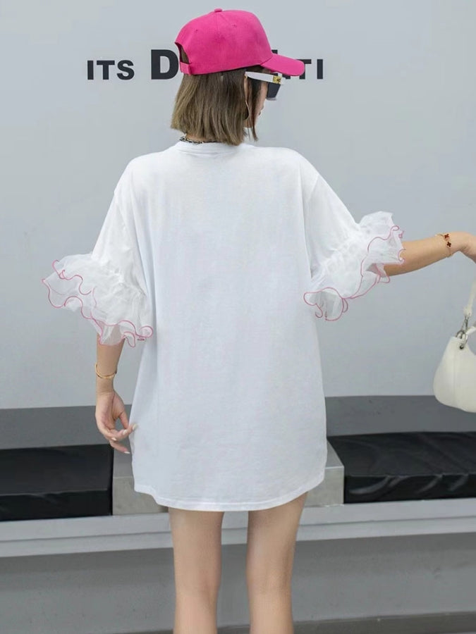 フラワーオーバーサイズメッシュスリーブTシャツワンピース X2336