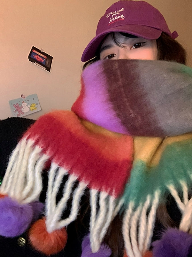 Rainbow colorful pompon scarf X2536