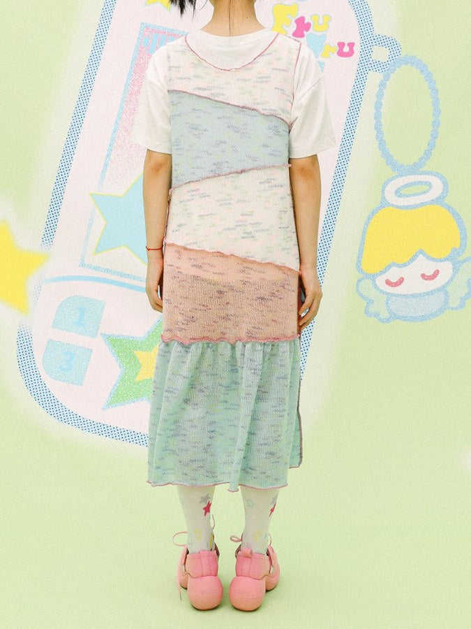 Pastel-colored Patchwork Medium Dress X2189