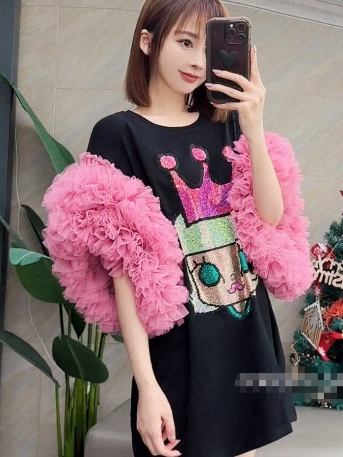 寬鬆網布袖 T 卹 X2171
