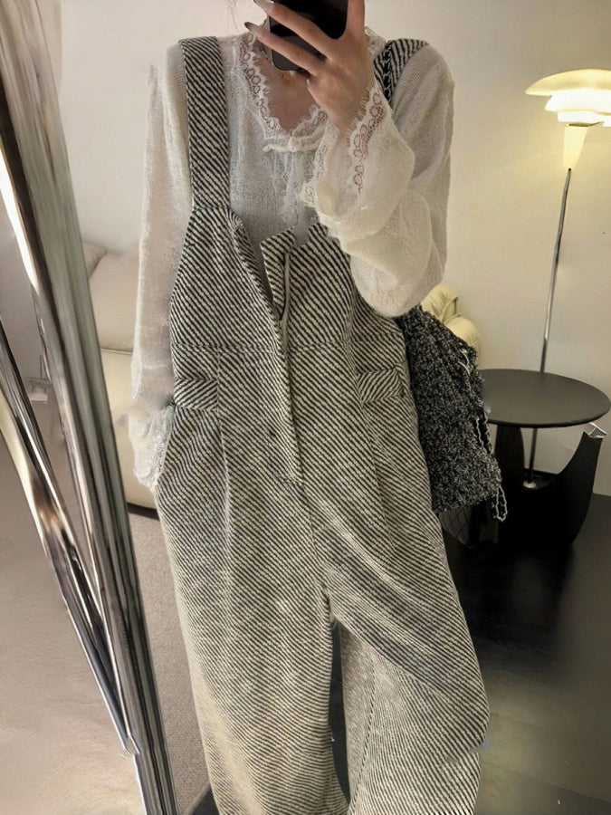 Monotone Stripe Pattern Overalls X3024