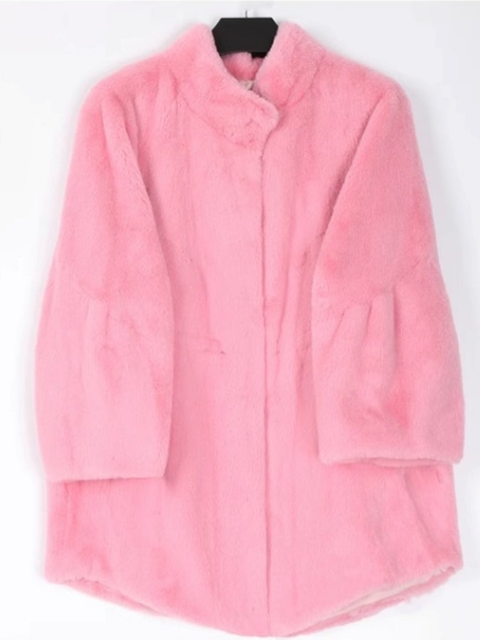 Faux Fur Stand Collar Bell Sleeve Medium Coat X2525