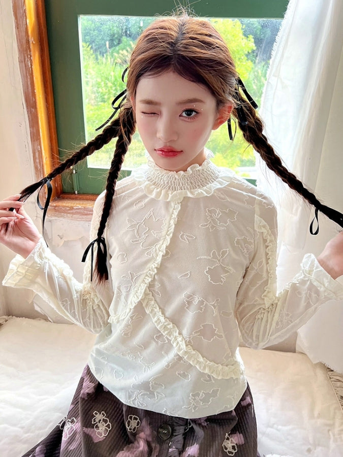 モックネックフリルジャガードボトミングシャツ X2515