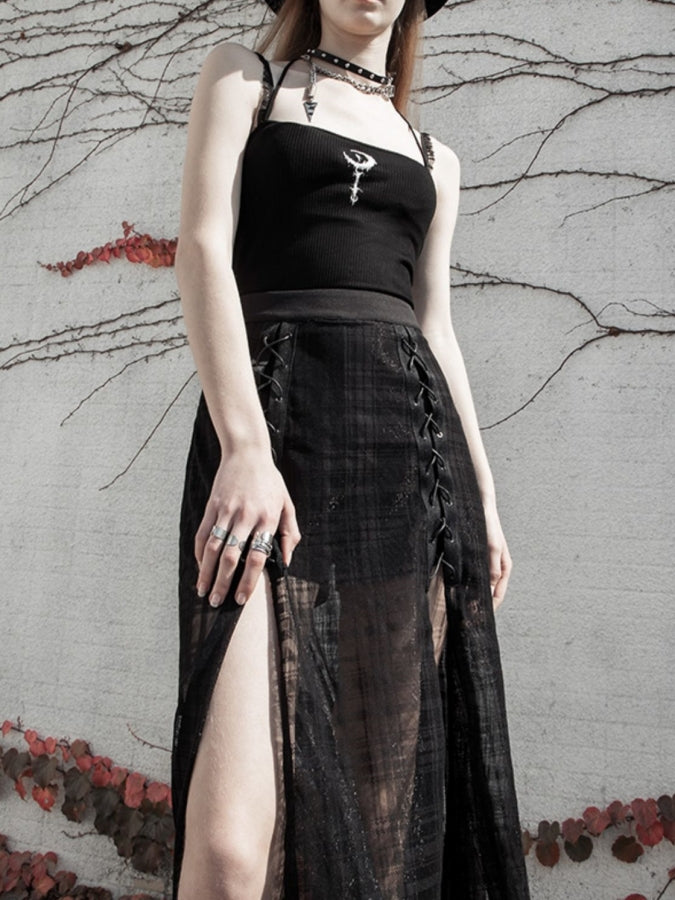 Deep Slit Lace-Up Mesh Skirt X2376