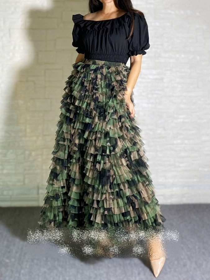 Camouflage Mesh Flared Long Skirt X2394