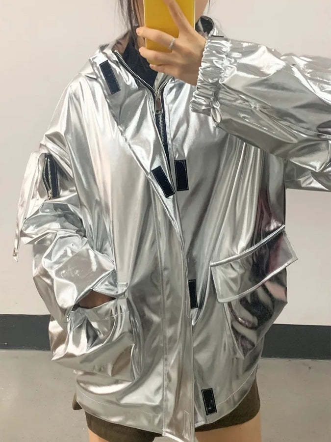 Metallic color hooded jacket X2526