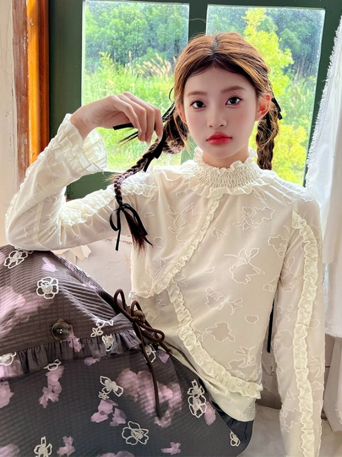モックネックフリルジャガードボトミングシャツ X2515