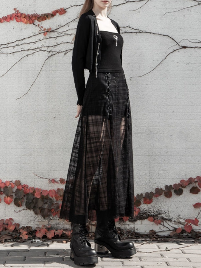 Deep Slit Lace-Up Mesh Skirt X2376