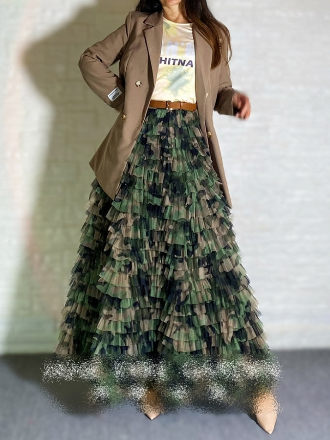Camouflage Mesh Flared Long Skirt X2394
