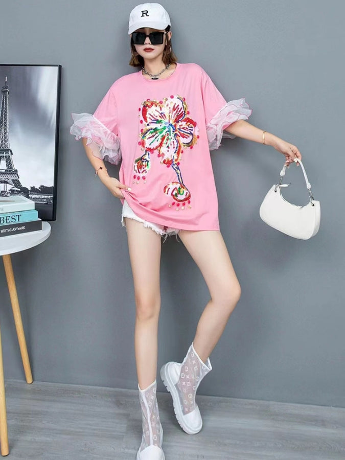 フラワーオーバーサイズメッシュスリーブTシャツワンピース X2336