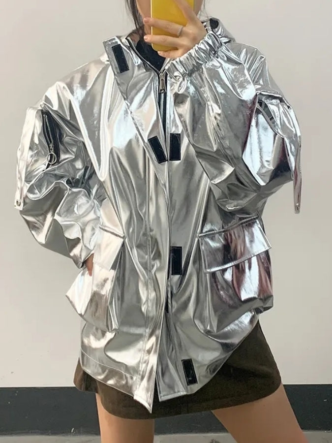 Metallic color hooded jacket X2526
