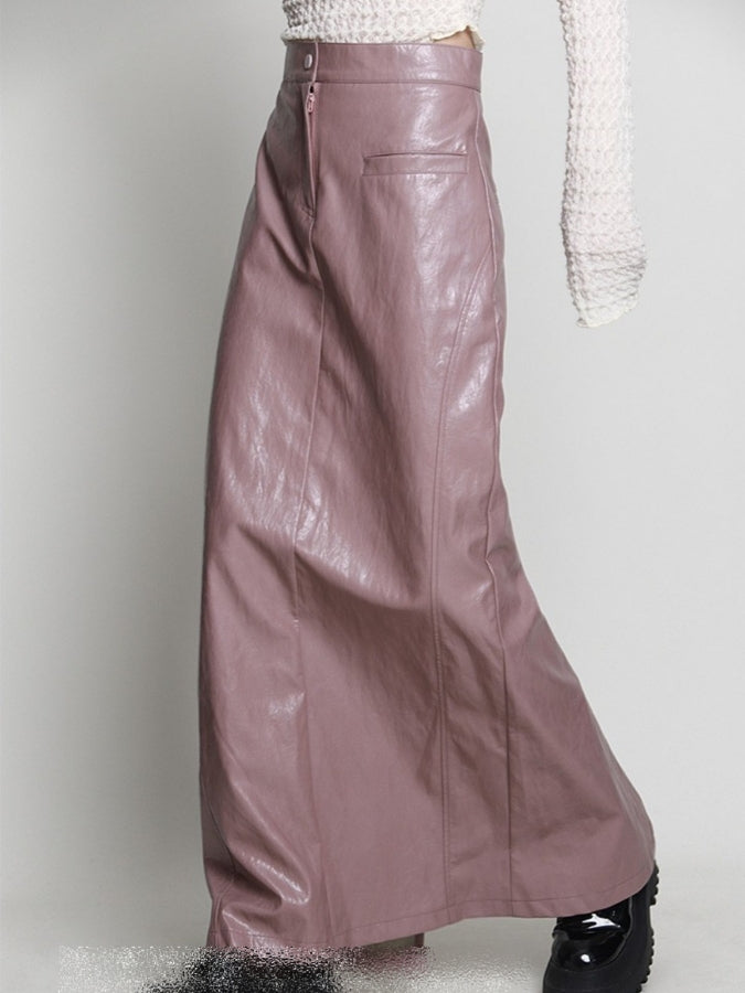 Faux Leather Slit Pencil Long Skirt X2421