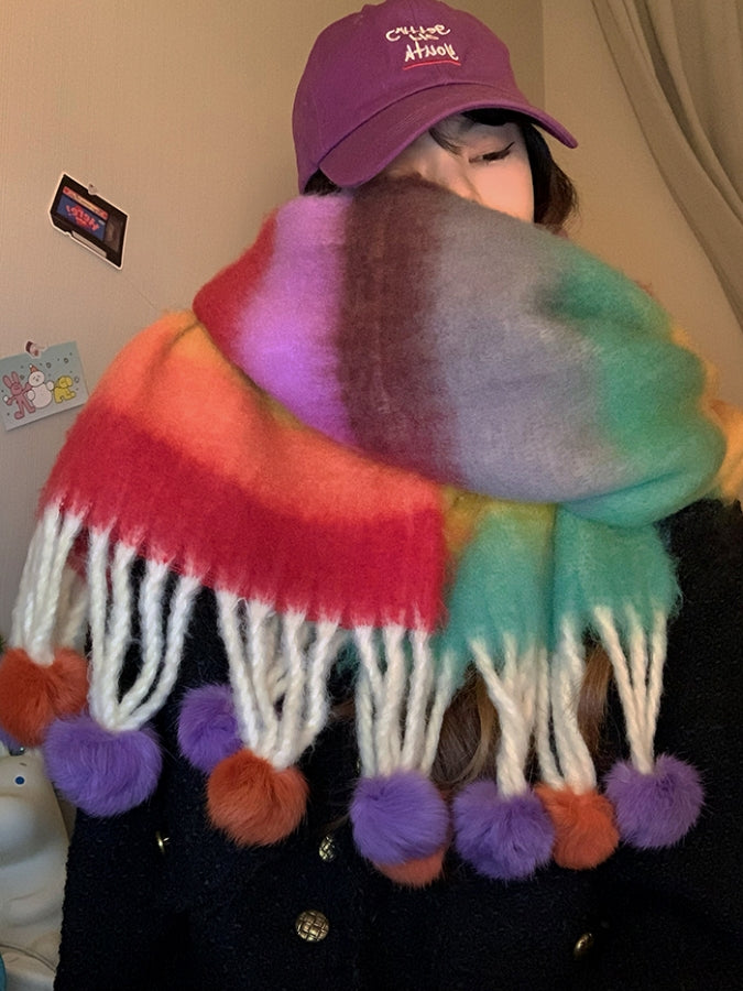 Rainbow colorful pompon scarf X2536
