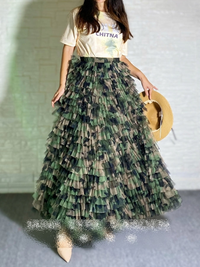 Camouflage Mesh Flared Long Skirt X2394