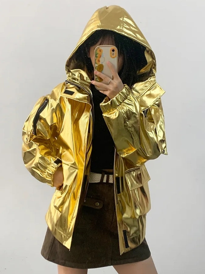 Metallic color hooded jacket X2526