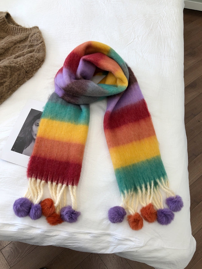 Rainbow colorful pompon scarf X2536