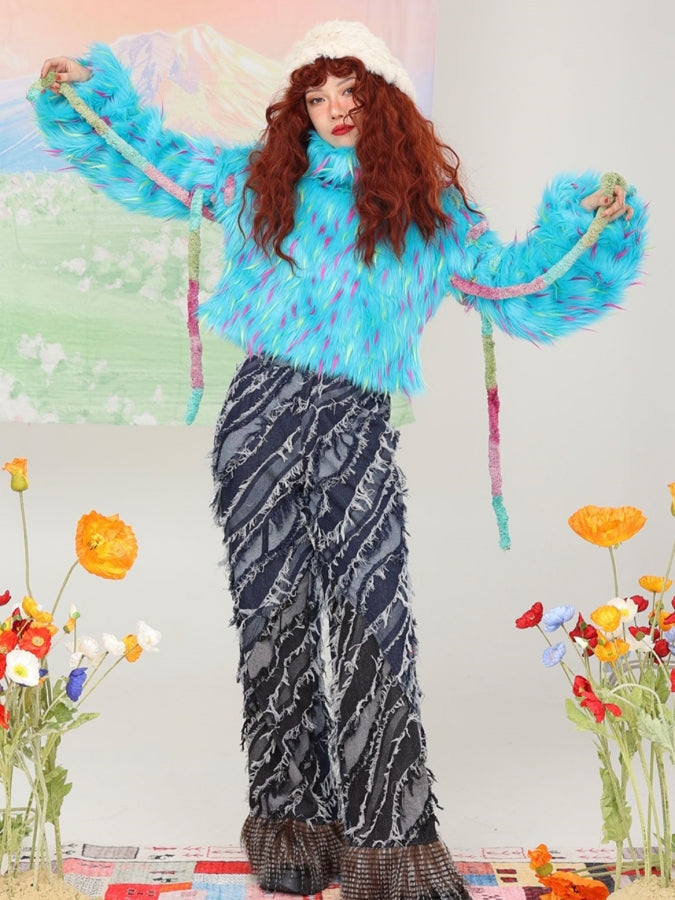 Shoulder Cut Fur De High Neck Pullover X2434