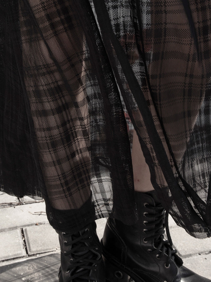 Deep Slit Lace-Up Mesh Skirt X2376