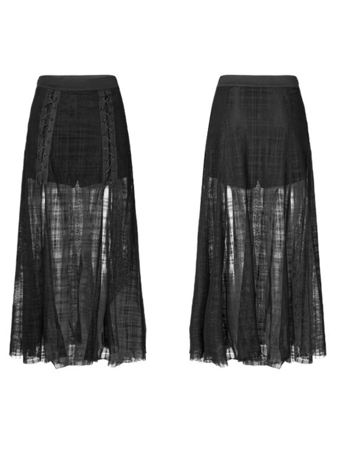 Deep Slit Lace-Up Mesh Skirt X2376