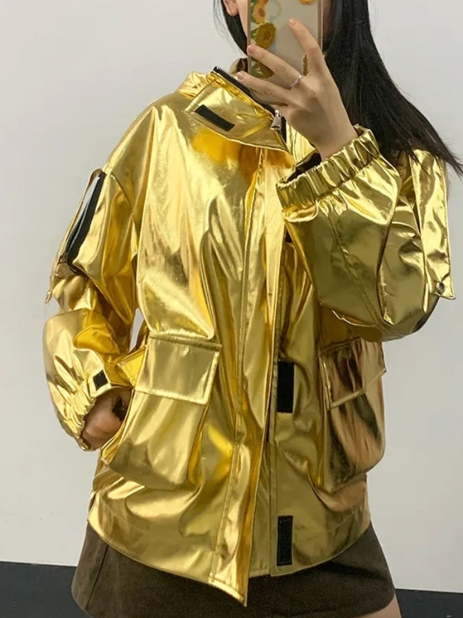 Metallic color hooded jacket X2526